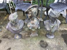 Three bronzed stone garden busts, largest height 56cm. Condition - fair to good
