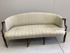 A George III mahogany upholstered settee, width 180cm, depth 80cm, height 81cm. Condition - fair