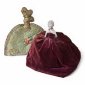 A pin doll, a fabric tea cosy and various hair ornaments, cosy 30cm high. Condition - variable