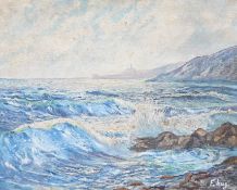 E Hug, impasto oil on canvas, Coastal view with crashing waves, signed, 32 x 39cm. Condition - in