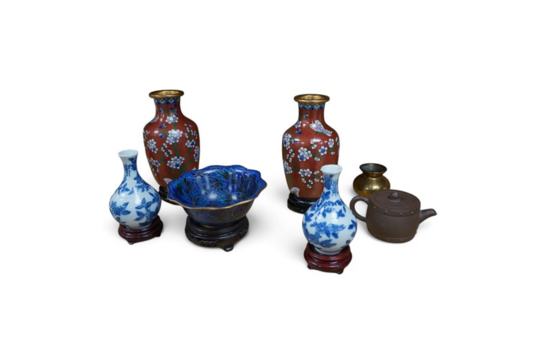 A collection of Chinese collectibles including cloisonné, yixing, etc. vases 18cm high. - Image 1 of 11