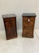 A near pair of 19th century French mahogany marble top bedside cabinets, larger width 38cm, depth