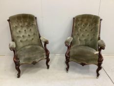 A pair of early Victorian mahogany upholstered open armchairs, width 68cm, depth 68cm, height