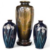 A Japanese presentation bronze and mixed metal vase on hardwood stand and a pair of cloisonne enamel