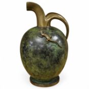 An Art Deco style green patinated brass mounted ewer, 25cm. Condition - good