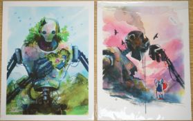 Lora Zombie Studio (contemporary), watercolour, Robot and young child, signed in silver pen, 28 x