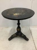 A Victorian painted and mother of pearl inlaid circular tilt top tea table, diameter 66cm, height