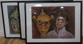 Baris Ali Kibar (Contemporary), three pastels, Tennis players; Roger Federer and Rafael Nadal,