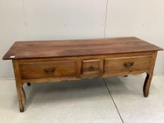 A 19th century French three drawer serving table, width 181cm, depth 70cm, height 70cm.