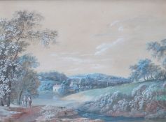 Johannes Janson (Dutch, 1729-1761), watercolour, Continental riverscape, inscribed in ink verso,