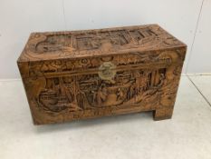 A Chinese carved camphor wood trunk, width 100cm, depth 48cm, height 59cm. Condition - fair to good