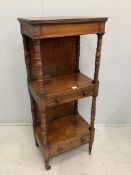 A Victorian mahogany three tier whatnot, width 57cm, depth 39cm, height 137cm. Condition - fair