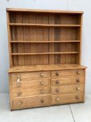 A Victorian style pine eight drawer dresser with boarded rack, width 157cm, depth 50cm, height