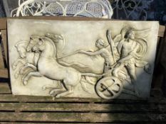 A rectangular cast stone garden wall plaque of a Grecian chariot, width 92cm, height 51cm. Condition