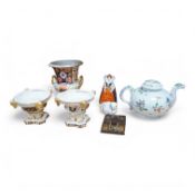 A pair Derby Imari pastille burners and a similar in shape vase, an 18th century Continental teapot,