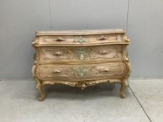 A French Rococo style painted bombe commode, width 140cm, depth 48cm, height 88cm. Condition - fair