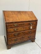 A George I and later feather banded walnut bureau, width 92cm, depth 55cm, height 102cm. Condition -