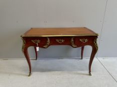 A pair of Louis XV style ormolu mounted scarlet lacquer bureau plat, width 117cm, depth 60cm, height