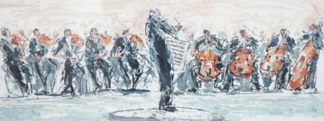 Bernard Rooke (b. 1938), oil on paper, ‘The Conductor’, 27 x 71cm. Condition - good