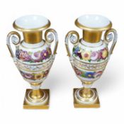 A pair of 19th century Paris porcelain gilt and portrait and floral decorated two handled vases,