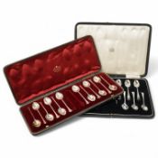 Two cased sets of late Victorian and later twelve silver coffee spoons and tongs, (one lacking