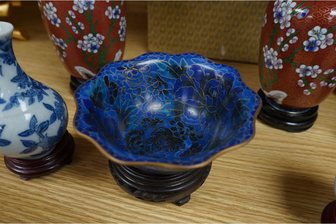 A collection of Chinese collectibles including cloisonné, yixing, etc. vases 18cm high. - Image 2 of 11