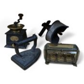 A Paris glass box of perfume bottle containers, a coffee grinder and a glazed box and a stereoscope-