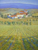 Hazel Barker (Contemporary), oil on canvas, Mediterranean landscape with vineyard, signed and