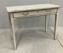A 19th century painted pine side table, width 91cm, depth 43cm, height 68cm. Condition - poor to