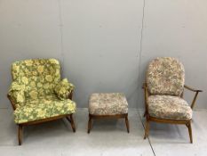 An Ercol beech armchair and a foot stool, together with one other Ercol beech armchair, larger 75cm,