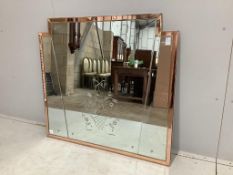 An Art Deco style engraved, peach and clear glass overmantel mirror, width 108cm, height 101cm.