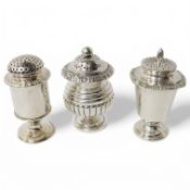Three Colonial ? white metal condiments, one with double struck marks for George Gordon & Co of
