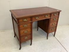 A late Victorian mahogany kneehole desk, width 112cm, depth 58cm, height 77cm. Condition - fair to