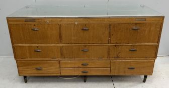 A mid century teak Parker Pen shop display cabinet, width 182cm, depth 62cm, height 99cm.