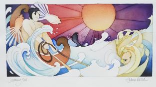 Emma Bossons (b.1976), for Moorcroft, watercolour, Stylised figures before the sun, signed and dated