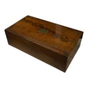 A Victorian mahogany brass inlaid writing slope, 46cm x25cm deep. Condition - some brass string