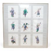 Nine Chinese pith paper painted appliqués, mounted and framed as one, performers and musicians, each