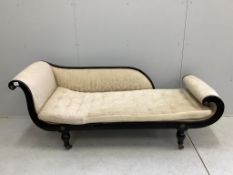 A Regency upholstered chaise longue, later painted, width 184cm, depth 62cm, height 76cm.
