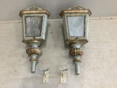 A pair of 18th century style painted wood wall candle lanterns, height 76cm. Condition - fair