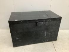 An early 20th century iron bound painted wood trunk, width 125cm, depth 67cm, height 75cm.Provenance