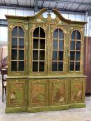 A George III style green chinoiserie lacquer breakfront library bookcase, width 196cm, depth 56cm,