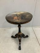 A Victorian mother of pearl inlaid papier mache cane seat chair and a Victorian painted circular