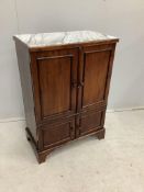 A small mahogany marble top side cabinet, width 49cm, depth 27cm, height 72cm. Condition - fair