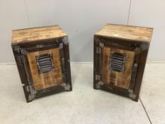 A pair of industrial style metal mounted meat safe cabinets, width 45cm, depth 39cm, height 61cm.