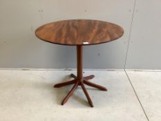 A mid century circular teak tea table, diameter 90cm, height 79cm. Condition - poor to fair