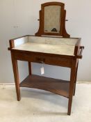 A late 19th century French marble top oak washstand, width 80cm, depth 39cm, height 110cm. Condition