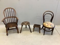 A Victorian ash, elm and beech Windsor comb back child's chair, height 72cm, together with a two
