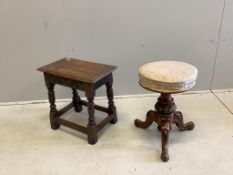 An oak joint stool and a Victorian adjustable piano stool. Condition - fair