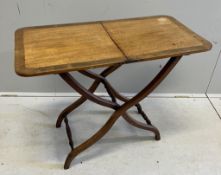 A Victorian mahogany folding coaching table, width 84cm, depth 43cm, height 67cm. Condition - fair
