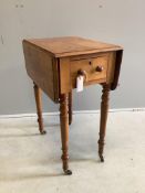 A Victorian satin walnut drop flap work table, width 36cm, depth 50cm, height 70cm. Condition -